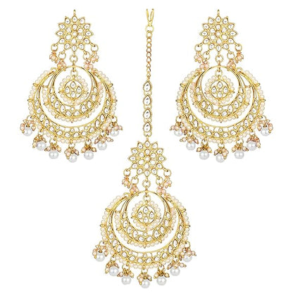 Mang Tikka for Women in Traditional Rhodium Kundan & Pearl Earring Set Design