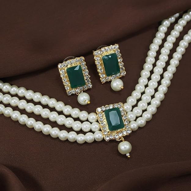 Pearl Choker Necklace in Gold Plated Traditional Stone and Pearl Choker Necklace Jewellery Set for Women