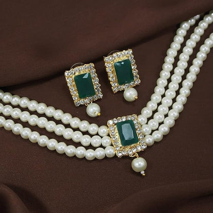 Pearl Choker Necklace in Gold Plated Traditional Stone and Pearl Choker Necklace Jewellery Set for Women