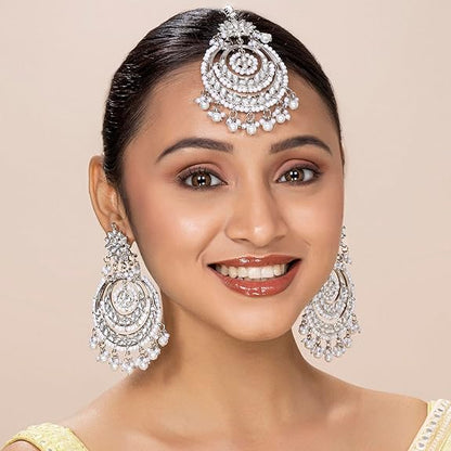 Mang Tikka for Women in Traditional Rhodium Kundan & Pearl Earring Set Design