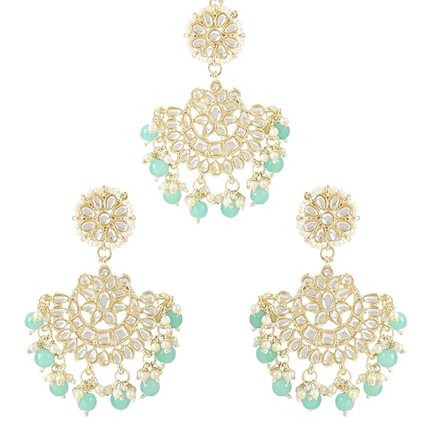 Dulhan Mang Tika in Gold Plated Traditional Kundan & Faux Pearl Chandbali Earring Set