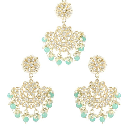 Dulhan Mang Tika in Gold Plated Traditional Kundan & Faux Pearl Chandbali Earring Set