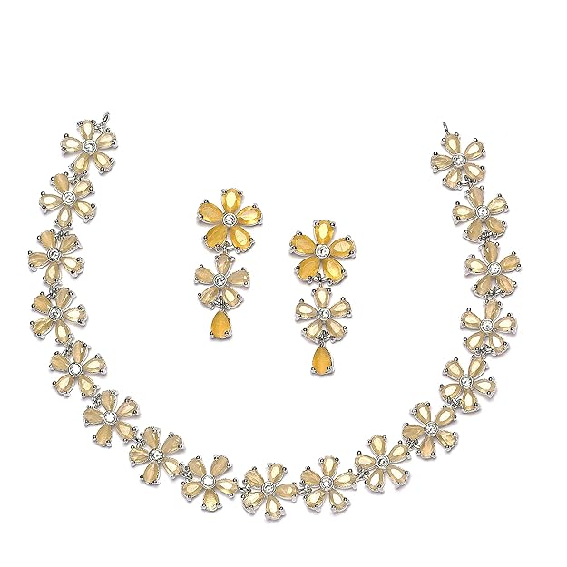 American Diamond Jewellery in Silver in Rhodium Plated Silver Toned White AD Studded Flower Shaped Jewellery Set