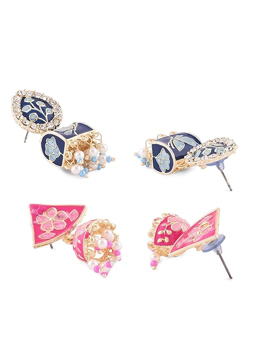 Blue And Pink Meenakari Jhumki Earrings Set Of 2