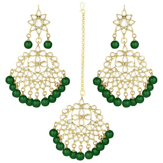 Bridal Mang Tika in Gold Plated Pearl and Kundan Studded Earring Set