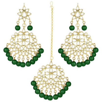 Bridal Mang Tika in Gold Plated Pearl and Kundan Studded Earring Set