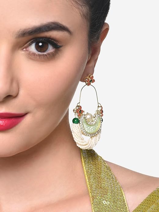 Green And Peach Stone Crescent Dangle Earrings