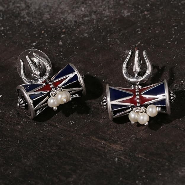 Oxidised Damru Trishul Silver Stud Earrings