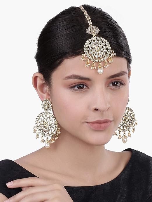 Indian Head Jewelry in 18K Gold Plated Kundan & Pearl Chandbali Earring Set