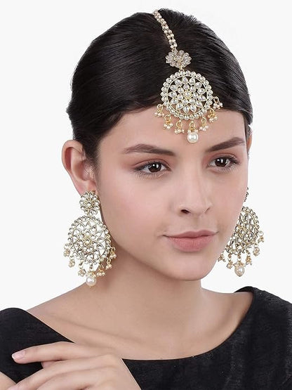 Indian Head Jewelry in 18K Gold Plated Kundan & Pearl Chandbali Earring Set