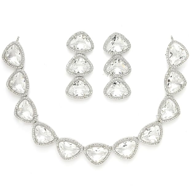 American Diamond Indian Jewellery in Rhodium Plated Silver Toned Triangular Shaped AD Studded Jewellery Set for Women and Girls