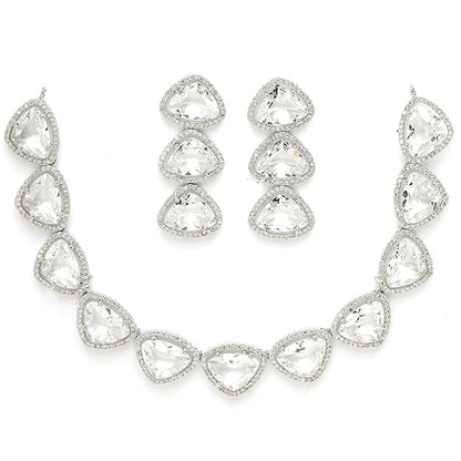 American Diamond Indian Jewellery in Rhodium Plated Silver Toned Triangular Shaped AD Studded Jewellery Set for Women and Girls