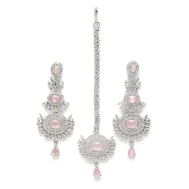 Diamond Mang Tikka in Rose Gold Plated American Diamond Studded Maang Tikka & Earrings Jewellery Set