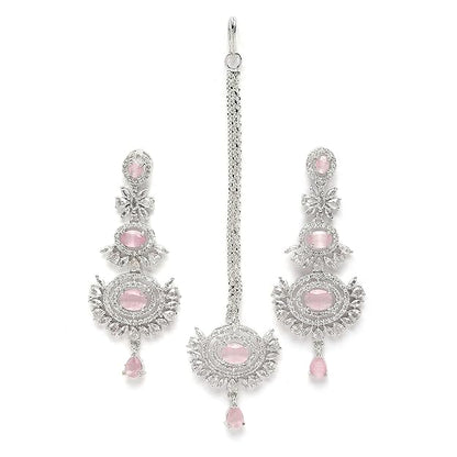 Diamond Mang Tikka in Rose Gold Plated American Diamond Studded Maang Tikka & Earrings Jewellery Set