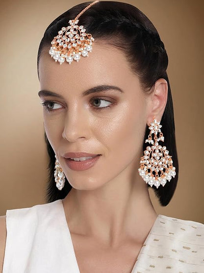 Maang Tikka with Pearl in Gold Plated Kundan Blue Faux Pearl Wedding Set