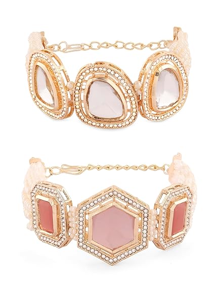 Beads Bracelet in Pink & Gold Kundan Ethnic Style Set of 2