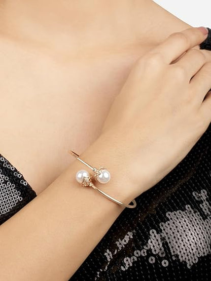 Pearl Rose Gold Bracelet with Cubic Zirconia Embellished Kada Design