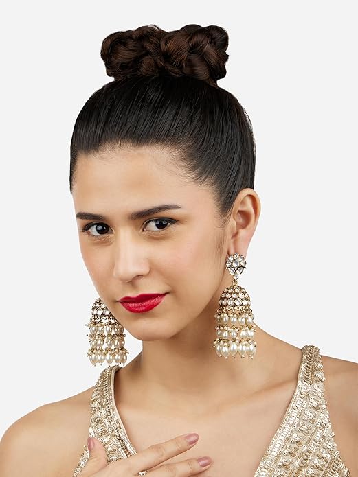 Gold Pearl Dangle Earrings in Gold Tone Kundan and Cluster Pearl Jhumka Design