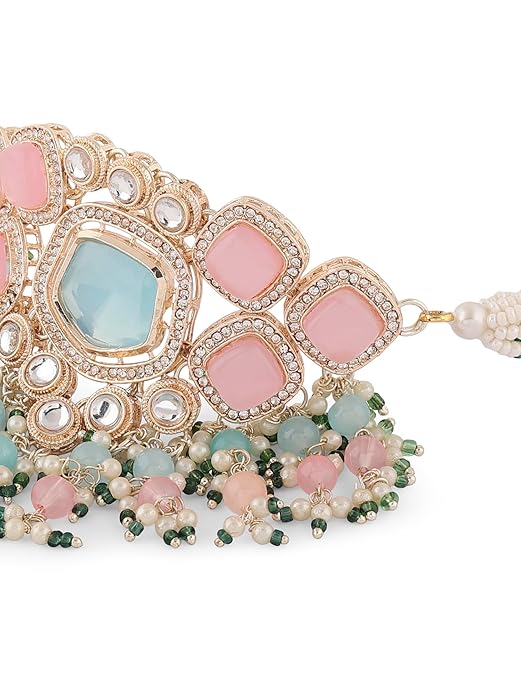 Meenakari Choker Set Blue Pink Kundan Stone & Beads