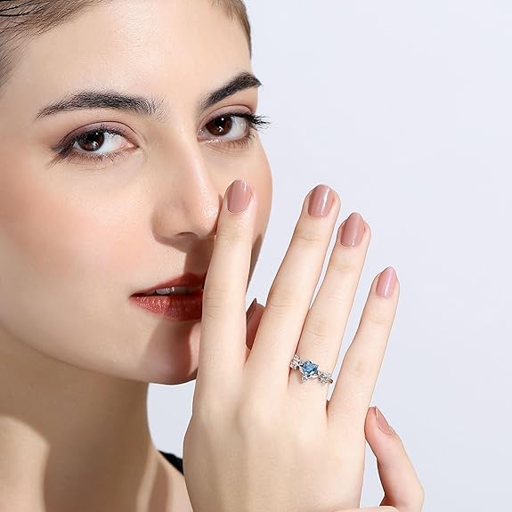 Ring with Blue Heart in 925 Pure Sterling Silver Adjustable Modern Style
