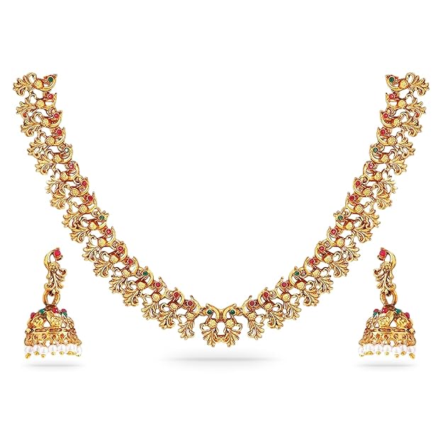 Gold Temple Jewellery Set for Marriage in Gold Plated Floral Traditional Necklace Set for Women and Girls
