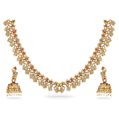 Gold Temple Jewellery Set for Marriage in Gold Plated Floral Traditional Necklace Set for Women and Girls
