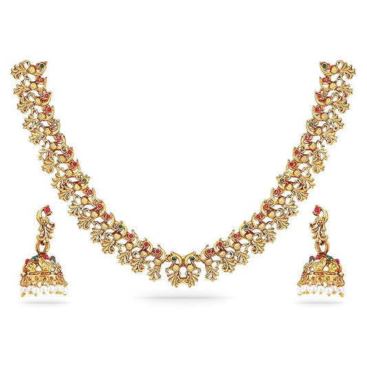 Gold Temple Jewellery Set for Marriage in Gold Plated Floral Traditional Necklace Set for Women and Girls