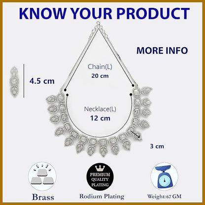 American Diamond Emerald Necklace in Leaf Style Rectangle Shaped AD Studded Rose Gold Plated Necklace Jewellery Set for Women and Girls