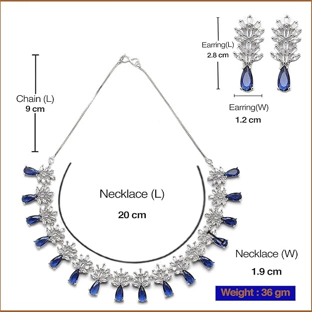 Jewelry set with necklace and earrings, including measurements and brand name 'Desi Dazzling'.