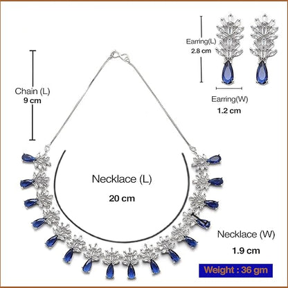 Jewelry set with necklace and earrings, including measurements and brand name 'Desi Dazzling'.