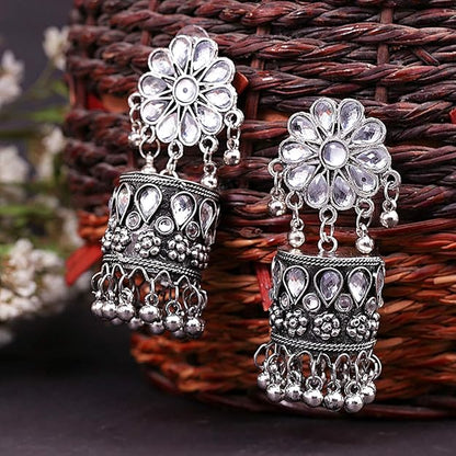 German Silver Oxidised Floral Jhumka Earrings