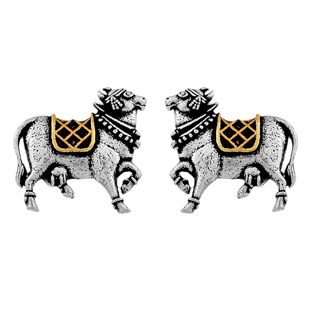 Small Silver Stud Earrings in Oxidised Dual Tone Festive Everyday Design for Women