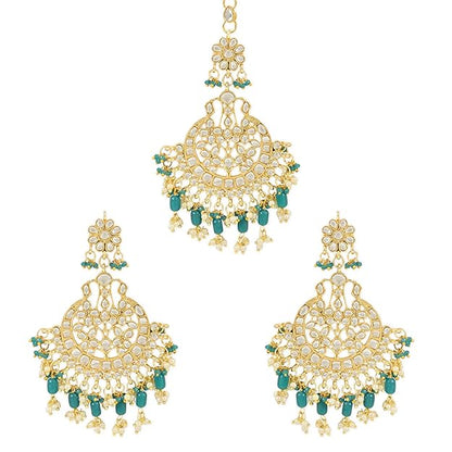 Maang Tikka with Pearl in Gold Plated Big Kundan Chandbali Earring Set