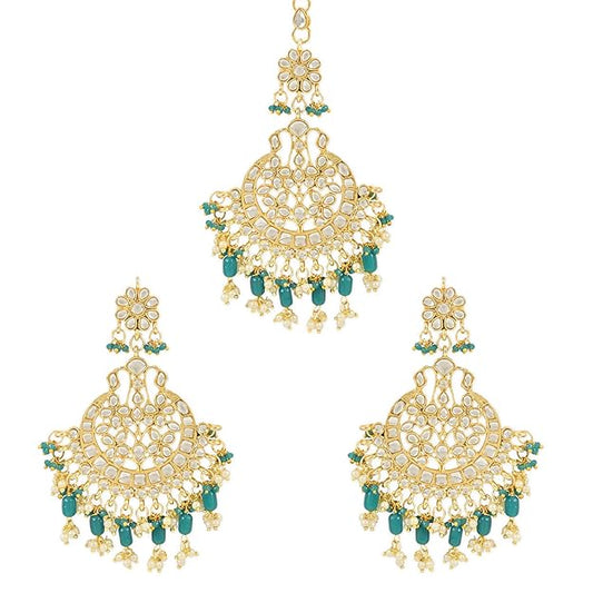 Maang Tikka with Pearl in Gold Plated Big Kundan Chandbali Earring Set