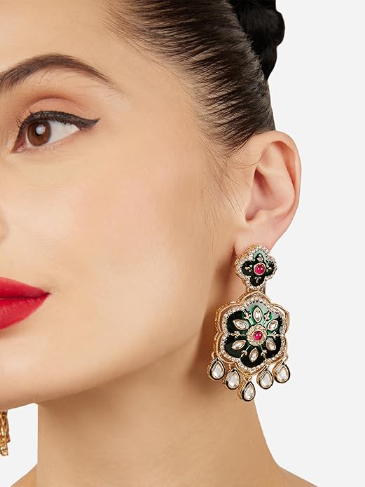 Green Meenakari Pink Stone Pearl Dangler Earrings