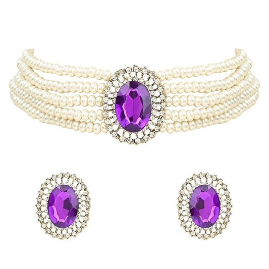 Choker Necklace Gold Plated Stone Pearl Set