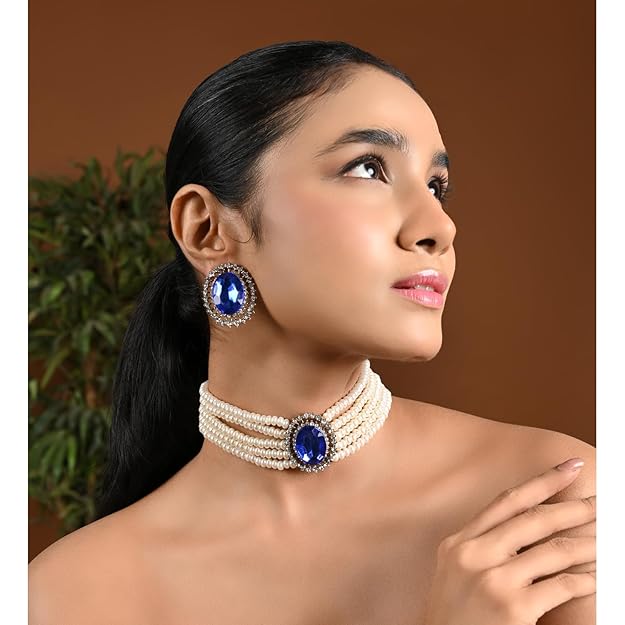 Choker Necklace in Gold Plated Traditional Stone Studded Pearl Choker Necklace Jewellery Set for Women and Girls