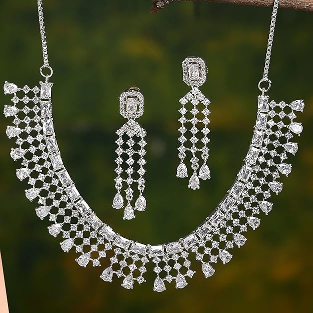 American Diamond Choker Set in Floral Design AD Studded Choker Necklace with Earrings for Women and Girls