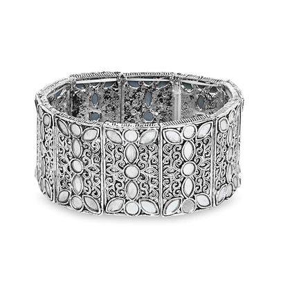 Silver Stretch Bracelet Oxidised Mirror Work