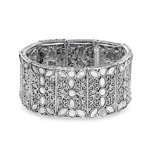 Silver Stretch Bracelet Oxidised Mirror Work