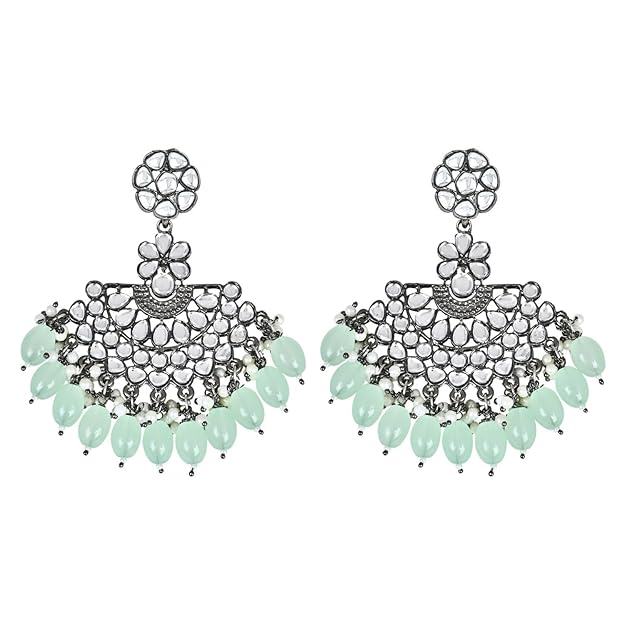 Silver Chandbali Earrings in Oxidised Kundan Pearl Design with Maang Tikka Set