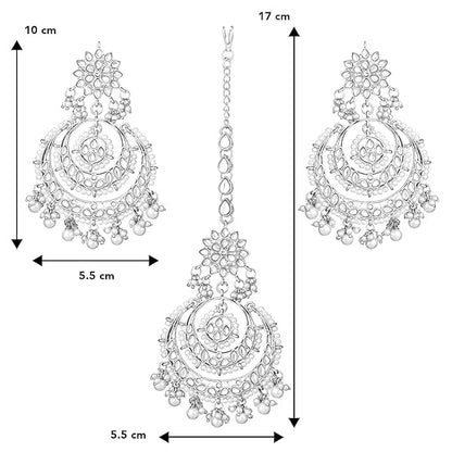 Mang Tikka for Women in Traditional Rhodium Kundan & Pearl Earring Set Design