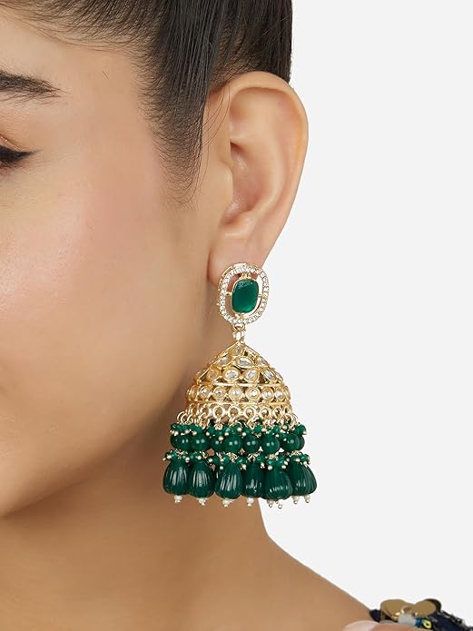 Green Stone Cluster Statement Jhumka Earrings