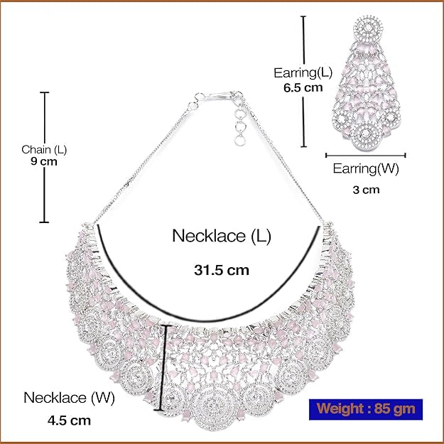 Jewelry set with necklace and earrings, including measurements and brand name 'Desi Dazzling'.