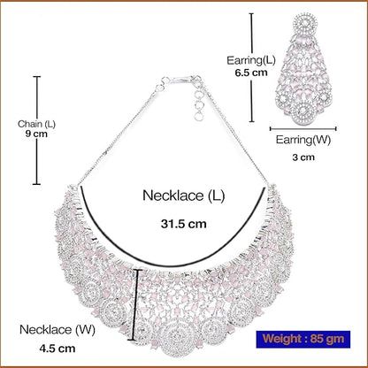 Jewelry set with necklace and earrings, including measurements and brand name 'Desi Dazzling'.