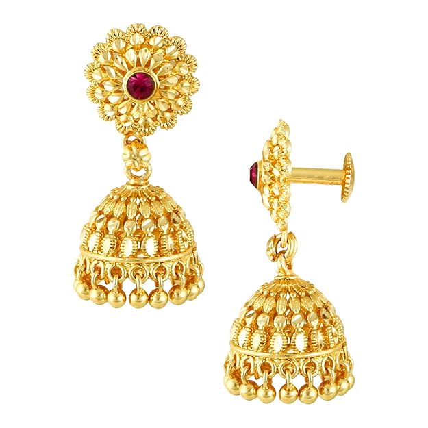 Ethnic Brass South Indian Screw Back Studs Round Ruby Jhumkas Set