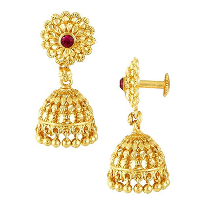 Ethnic Brass South Indian Screw Back Studs Round Ruby Jhumkas Set