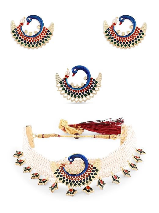 Meenakari Necklace Multicolor Peacock Design Choker Set