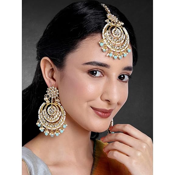 Mang Tikka for Women in Traditional Rhodium Kundan & Pearl Earring Set Design