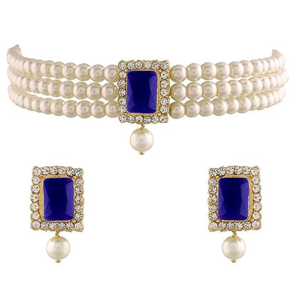 Pearl Choker Necklace in Gold Plated Traditional Stone and Pearl Choker Necklace Jewellery Set for Women
